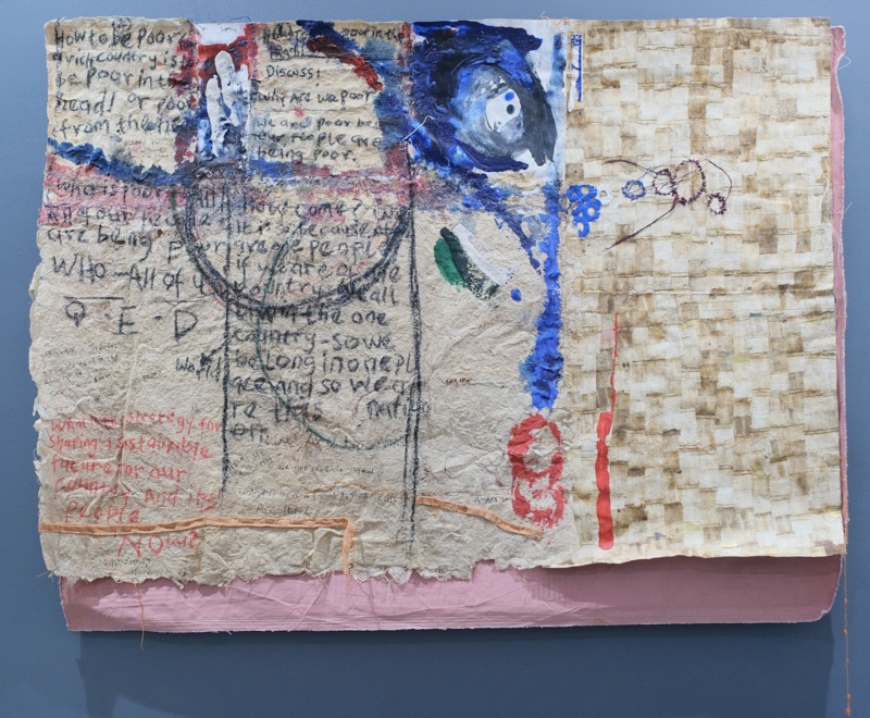 Mixed-media artwork titled How to Be Poor in the Head (2020) by Amarachi Okafor, measuring 78 x 105 cm. The textured piece features layers of handmade paper, fabric, paint, and handwritten text in various colors, including blue, red, and black. The work includes abstract shapes, woven patterns, and expressive marks, exploring themes of poverty, sustainability, and societal structures.